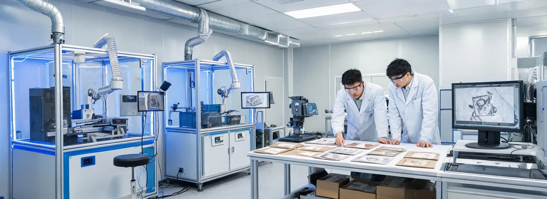 Videojet laser application laboratory with guarded test stations